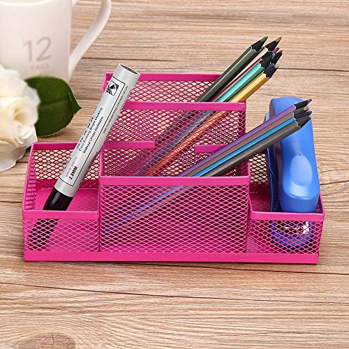 Pencil Holder 4 Rectangle Compartments Mesh Pen Holder Large Capacity Pencil Cup Pen Organizer for School Office Stationery Accessories (Hot Pink)