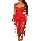 Ecirod Womens Summer Ruffle Fringe Mini Dress Sexy Halter Backless Cocktail Party Short Bodycon Tassel Dresses