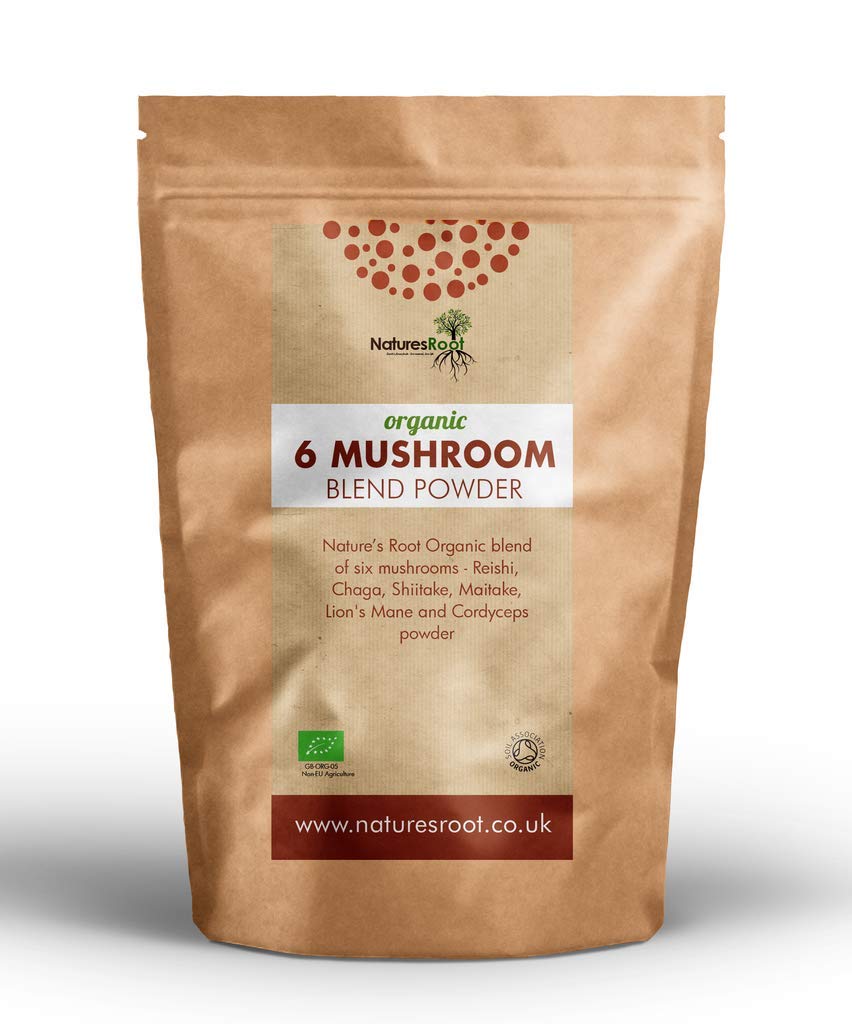 Nature’s Root Organic 6 Mushroom Blend Powder 250g - Complex of Reishi, Chaga, Cordyceps, Maitake, Shiitake, Lion’s Mane (Hericium) Mushrooms | Nutrient Rich| Certified Organic | Vegan