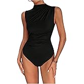 SweatyRocks Women's Mock Neck Ruched Bodysuit Sleeveless Solid Casual Jumpsuit Tops