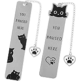 Cat Bookmarks, 2 Pcs Stainless Steel Black Cat Bookmark for Women, Men, Kids, You Paused Here Cute Book Marks for Book Lovers, Birthday, (Silver & Black)
