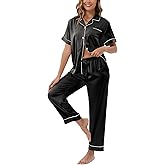 UMBY Silk Satin Pajamas for Women Set 2 Piece button down Soft Silk Pjs Sets Cozy Silky Pajama Short Sleeve