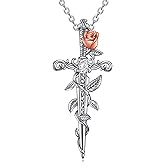 YAFEINI Sword Necklace Sterling Silver Medieval Sword With Rose Flower Pendant Jewelry Valentines Day Gifts for Women