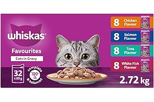 WHISKAS Favourites Adult Wet Cat Food - Chicken, Salmon, Tuna, White Fish Flavour Cuts in Gravy - 100% Complete and Balanced 