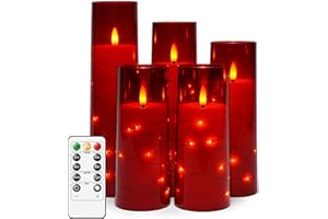 kakoya Flameless LED Candles with Timer 5 Pc Flickering Flameless Candles for Romantic Ambiance and Home Decoration Stable Acrylic Shell,with Embedded Star String，Battery Operated Candles（Red）