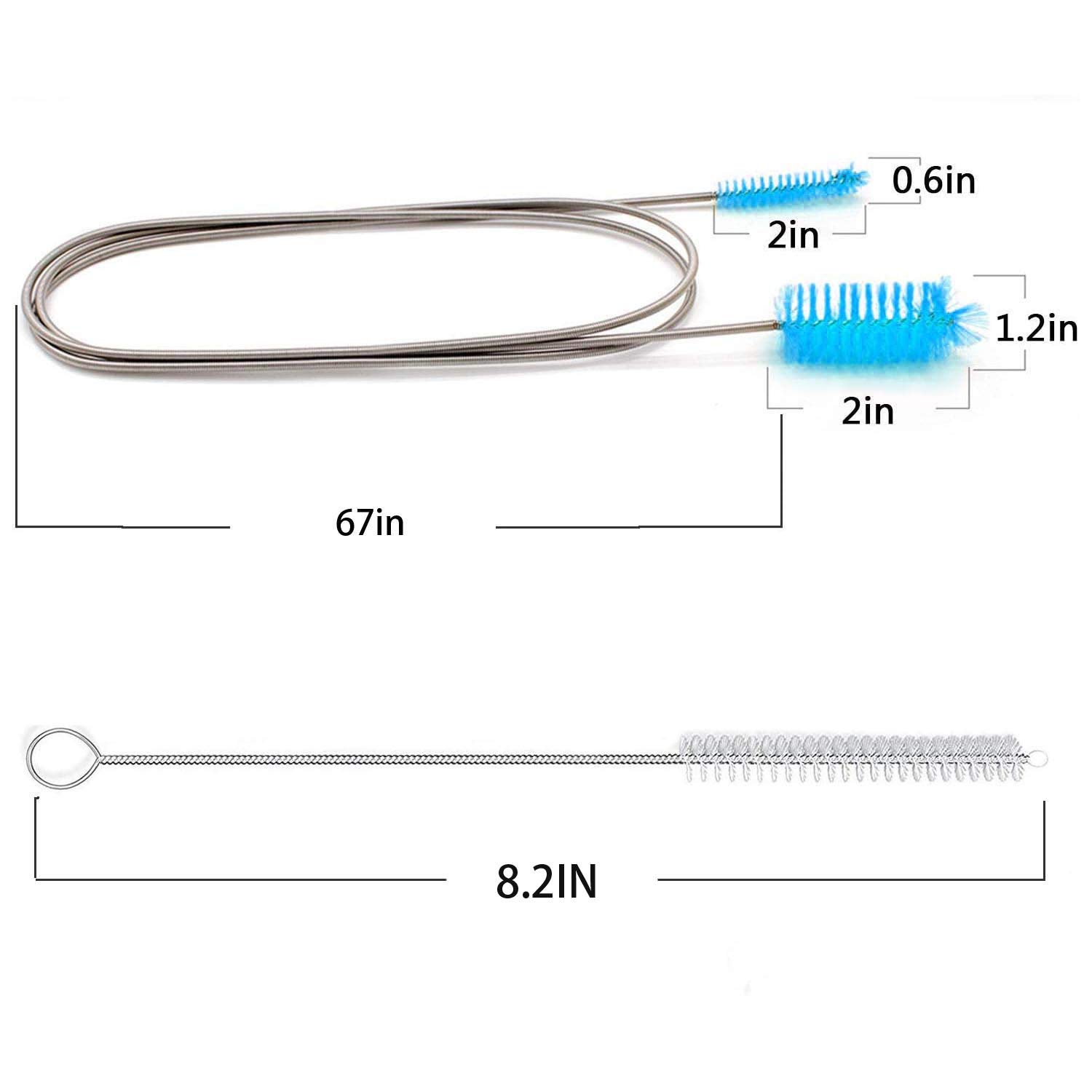 Flexible Drain Brush, Nylon Cleaner Double Ended Elastic Hose Pipe 67-inch and 2 PCS 8.2-inch Straw Cleaning Brush (Blue)
