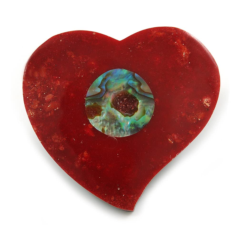 40mm L/Heart Shape Sea Shell Brooch/Red/Abalone Shades/Handmade/Slight Variation In Colour/Natural Irregularities