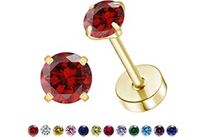 VDKIDKT Flat Back Birthstone Stud Earrings for Women Girls, 3mm Tiny CZ Flat Back Stud Earrings, Screw Back Tiny Earrings Stu