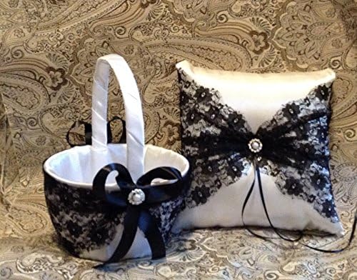 wedding white or ivory and black lace ring bearer pillow and flower girl basket
