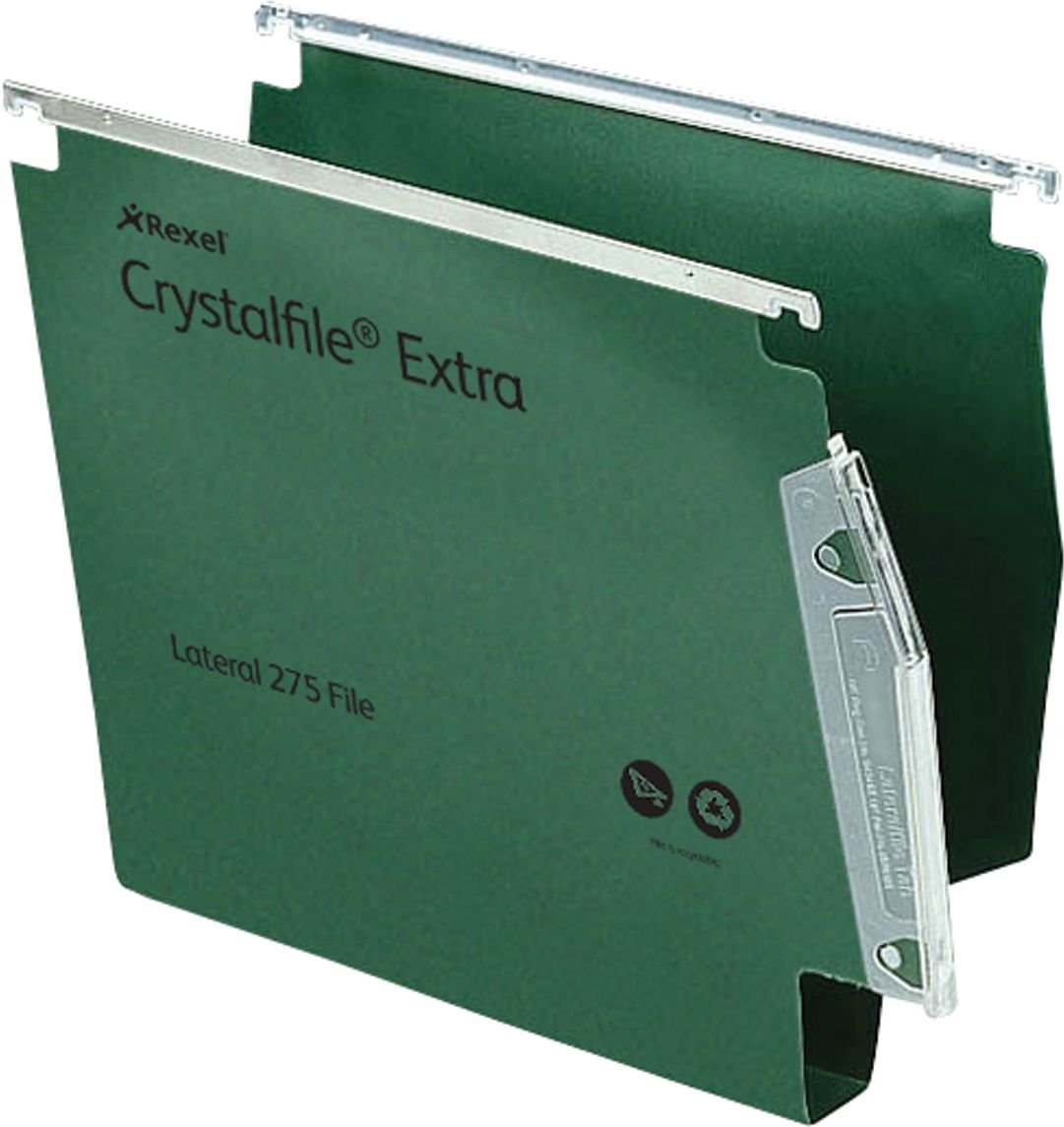 Rexel 275 Lateral Hanging Files with Tabs and Inserts, 30 mm base, Polypropylene, Green, Crystalfile Extra, Pack of 25, 70640