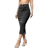 Foresi Women's Long Jean Skirts Stretch Denim Midi Skirts with Back Slit Bodycon Mid Waisted A Line Dress with Pockets