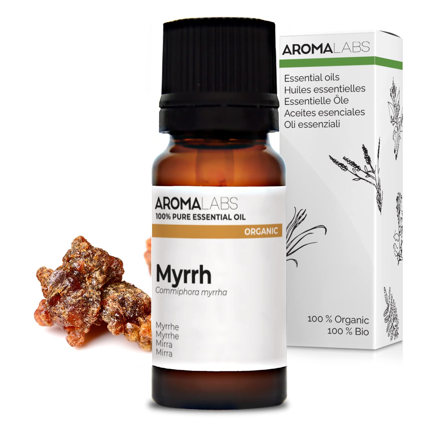 BIO - Myrrh Essential Oil - 10mL - 100% Pure, Natural, Chemotyped and AB/Cosmos Certified - AROMA LABS (French Brand)