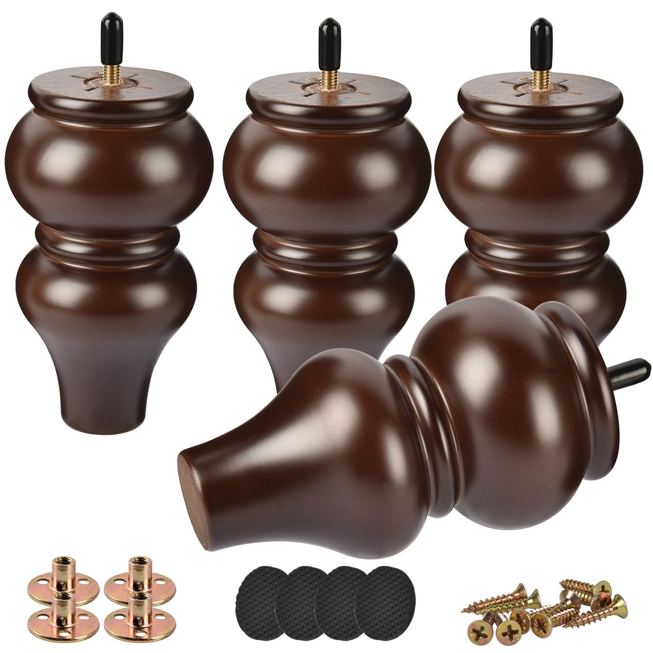 Btowin 6 Inch / 15cm Solid Wood Furniture Legs,4Pcs Couch Legs Wooden Bun Feet Sofa Feet with Threaded M8 Hanger Bolts &Mounting Plate &Screws for Sofa Cabinet Ottoman Armchair,Walnut