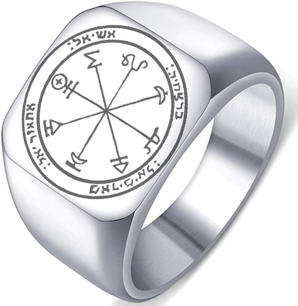 Detailed Engraved First Pentacle of Mars for Victory Mens Womens Stainless Steel Key of Solomon The King Talisman Ring
