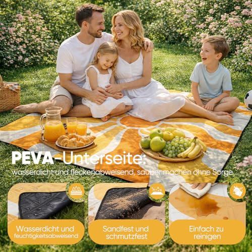 Sekey Picnic Blanket Waterproof 200 x 200 cm, Beach Blanket Sand-Free | Padded, Three-Layer Structure, PEVA Waterproof Base, Tie Strap Carry Strap, Suitable for Picnics, Camping, Beach