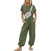 Flygo One Piece Jumpsuits for Women Crewneck Short Sleeve Casual Wide Leg Long Pants Drawstring Rompers Outfits with Pockets