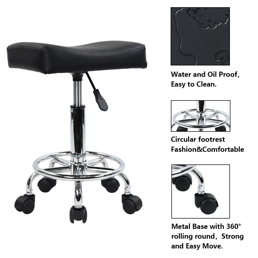 KKTONER Square Rolling Stool PU Leather Height Adjustable Swivel Massage SPA Salon Stools Task Chair with footrest (Black): Kitchen & Dining