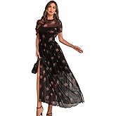GothDark Women's Mesh Dress Short Sleeve Round Collar Floral Print High Slit Waist-Cinched Wedding Guest Maxi Dresses