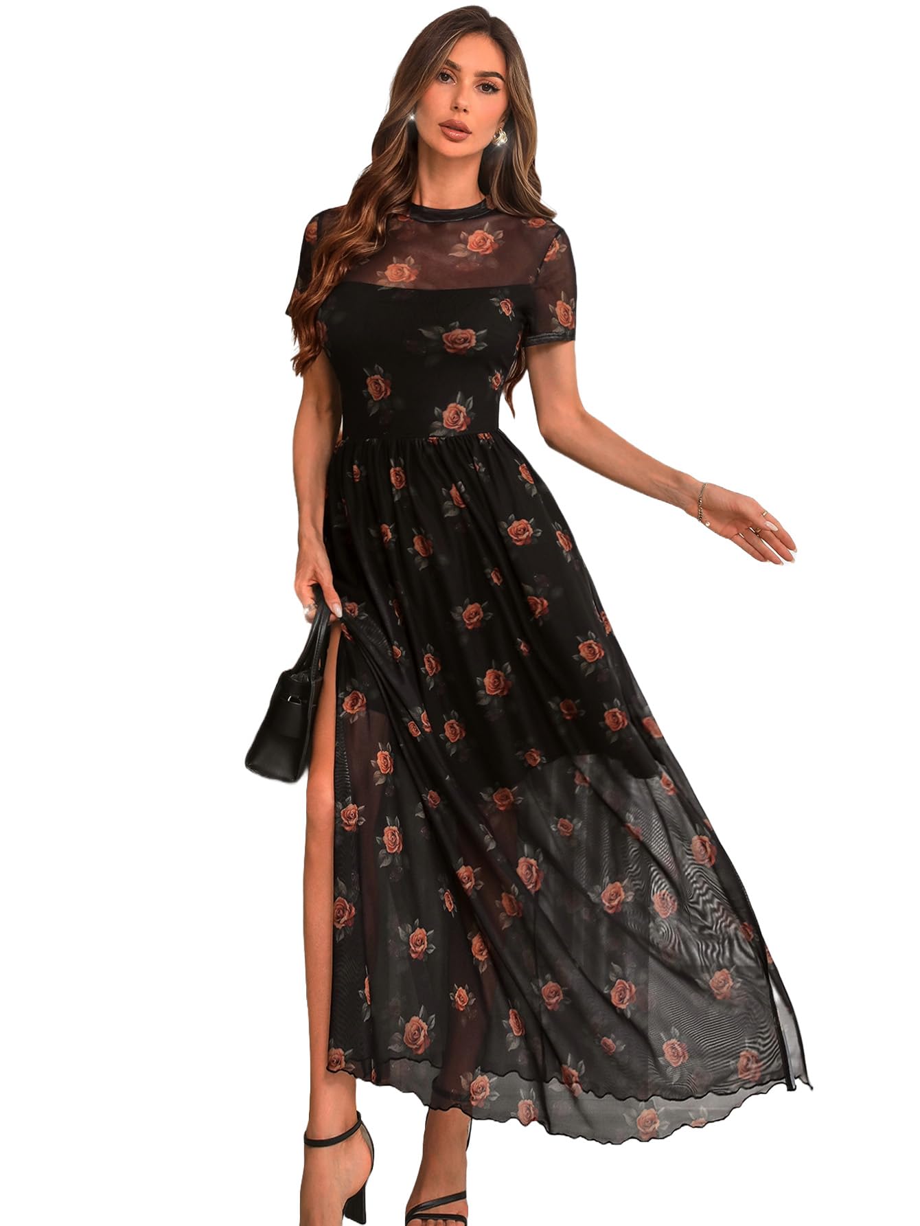 Photo 1 of GothDark Women's Mesh Dress Short Sleeve Round Collar Floral Print Waist-Cinched Maxi Summer Casual Dresses