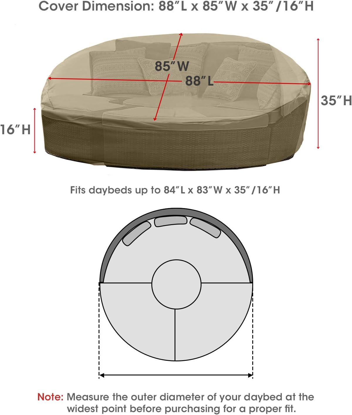 SunPatio Daybed Cover, Outdoor Round Canopy Daybed Sofa Cover, Heavy Duty Waterproof Patio Furniture Cover with Seam Taped, Fade Resistant Material, Helpful Air Vent, 88"L x 85"W x 35"H, Neutral Taupe : Garden & Outdoor