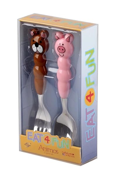 Eat4Fun Pig and Bear Animal Animo Stainless Steel Childrens Kids Fork and Spoon Cutlery Set, Multi Color