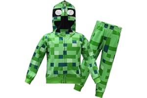 Boys Creeper Hoodies Full Zip Fancy Video Game Print Hooded Sweatshirt Pixel Character Casual 2Pcs Set for Kids 5-12