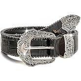 Flimire Black Women Western Belt Vintage Country Leather Belt with Engraved Buckle Cowgirl Cowboy Belt for Jeans Pant Dress