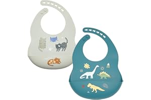 LITTLE RAWR Baby Silicone Bibs 2 Sets Baby Bibs with Food Catcher for Girls Boys Toddlers BPA Free Waterproof Soft Durable