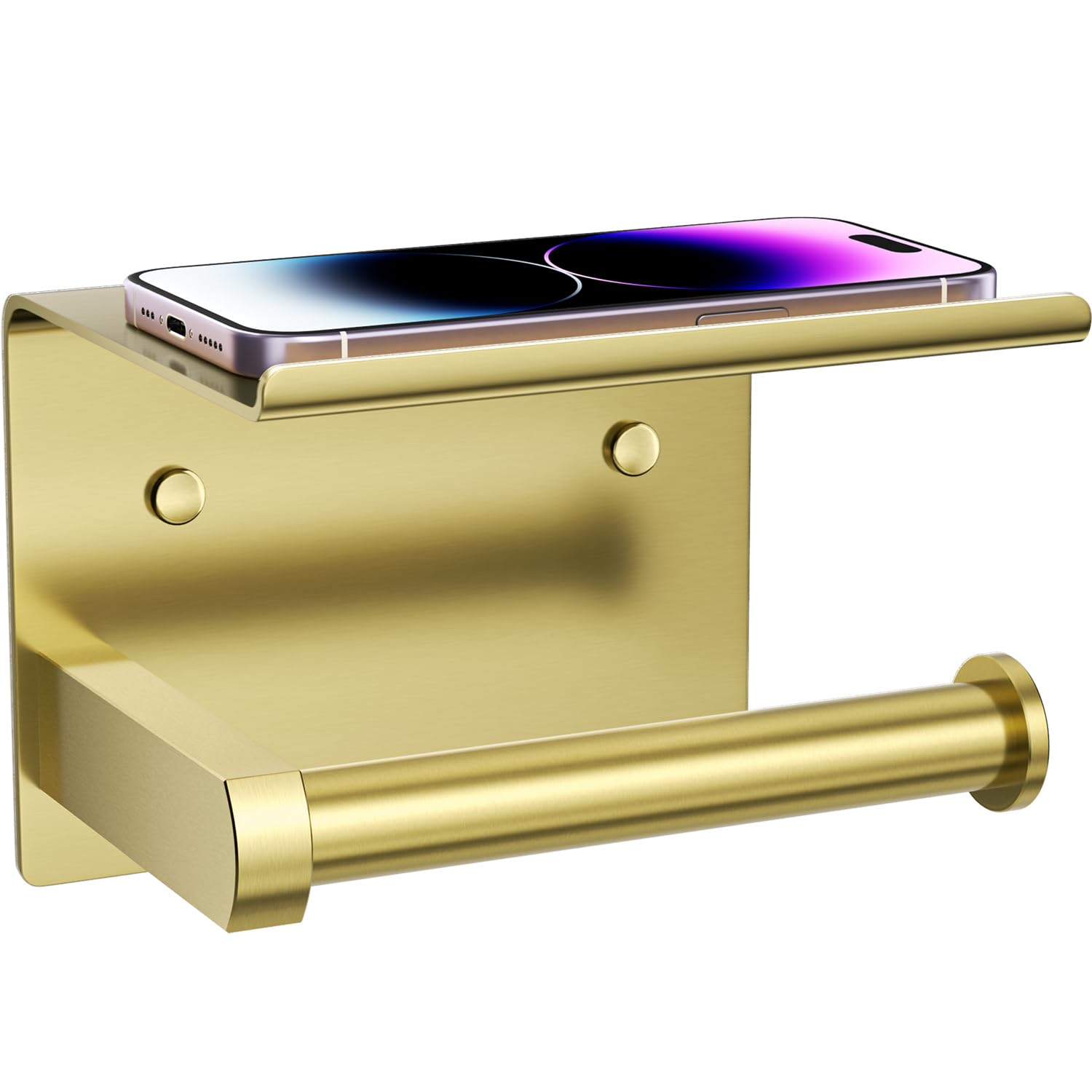 Photo 1 of Tindbea Toilet Paper Holder with Phone Shelf, Adhesive or Screw Wall Mount Toilet Tissue Roll Holder, Rustproof & Multifunctional Stainless Steel Bathroom Storage Dispenser (Brushed Gold)