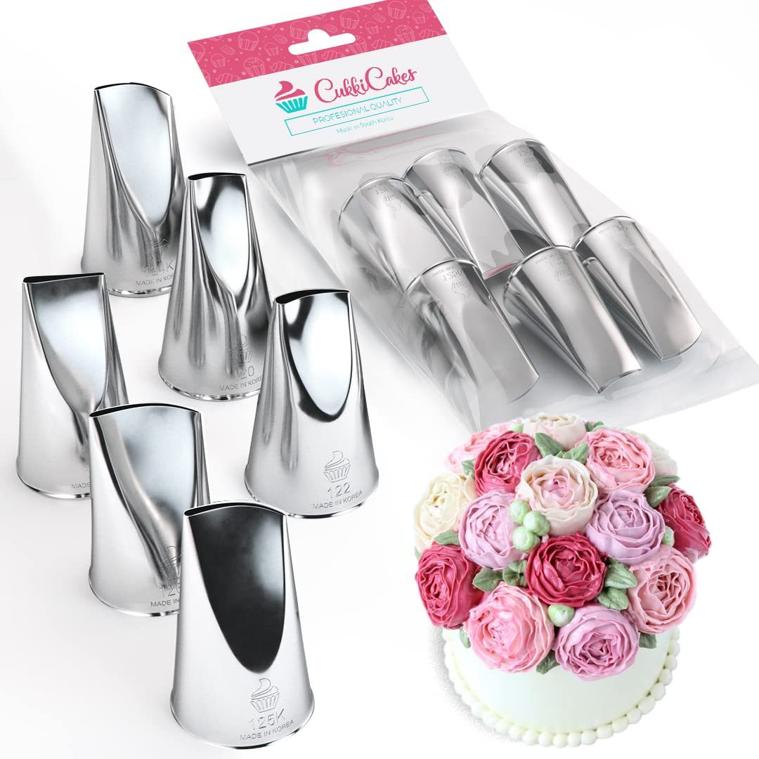 CukkiCakes 6pcs Large Flower Piping Nozzles Set (124, 120, 122, 124k, 125k, 126k) Icing Nozzles, Piping Tips for Decorating Cakes, Cupcakes - Compatible with Piping Bags - Made in Korea