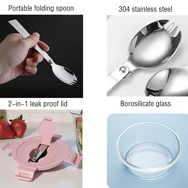 B.GUBOBOYA 1.5 CUP ROUND GLASS FOOD CONTAINERS WITH LIDS AND FOLDING SPOON, ROUND SMALL FOOD CONTAINERS WITH LIDS, 12OZ GLASS LUNCH BOWLS FOR OFFICE MEALS, MICROWAVE, FREEZER, DISHWASHER SAFE (4 PACK)