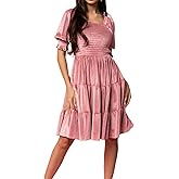 R.Vivimos Womens Fall Winter Velvet Casual Dress Puff Sleeve Square Neck Elastic Smocked A-Line Swing Flowy Knee Length Dress
