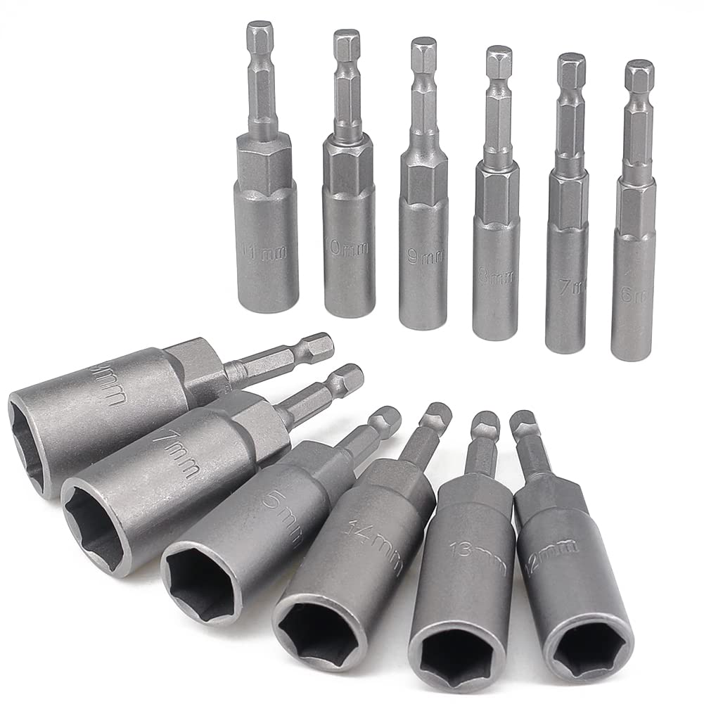12 Pcs Deep Socket Set 6-19mm Hexagon Nut Setter Driver Drill Bits Set, 1/4 hex Shank, Long Reach Impact Driver Nut Runners Bolt Extractor Sockets Power Tool, Quick Change