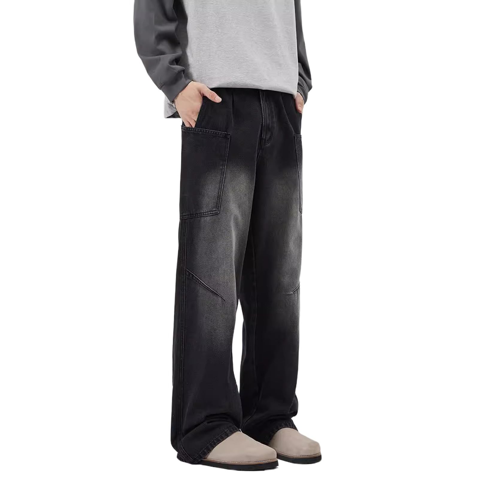 Photo 1 of Mens Baggy Cargo Jeans Mid Rise Wide Leg Loose Streetwear Hip Hop Jeans Vintage 90s Denim Pants for Teen Boys Black