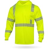 GLIMMR Hi Vis Hoodie Safety Reflective High Visibility Long Sleeve T Shirts with Hood for Men Class 3 Construction Workwear