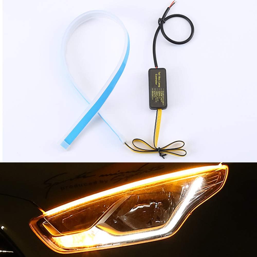 2Pcs 18 Inches Dual Color LED Headlight Strip Light Tube,Flexible Daytime Running Light Sequential Switchback Headlight and Turn Signal Light Bulb,Waterproof DRL Neon Light