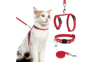 PAWCHIE Cat Harness with Leash and Collar Set - Escape Proof Adjustable H-shped Cat Harness with Star and Moon Pattern Glow in The Dark for Kitty Outdoor Walking, Red M
