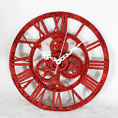 Vintage European Wheel Gear Wall Clock Fashion Design Red Round Roman Numeral Big Wall Clock Silent Non-ticking Wall Clock