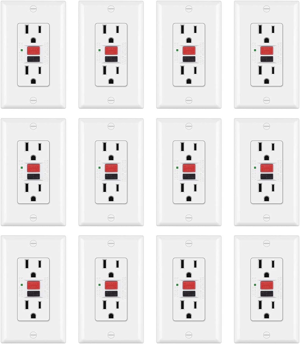 UNIELE 15A GFCI Outlet, Non-Tamper-Resistant Slim GFI Receptacle with LED Indicator, Self-Test Ground Fault Circuit Interrupter with Wall Plate, UL Listed, White (12 Pack): Industrial & Scientific