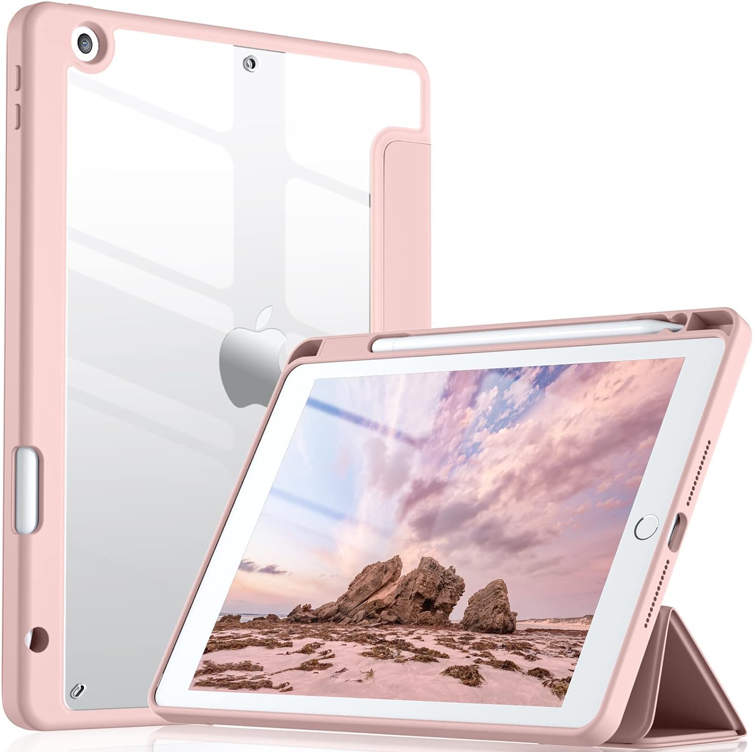 Smart Case For iPad 10.2" 9th/8th/7th Generation 2021/2020/2019 with Auto Wake/Sleep Shockproof Transparent Back Shell tablet cover (Pink)
