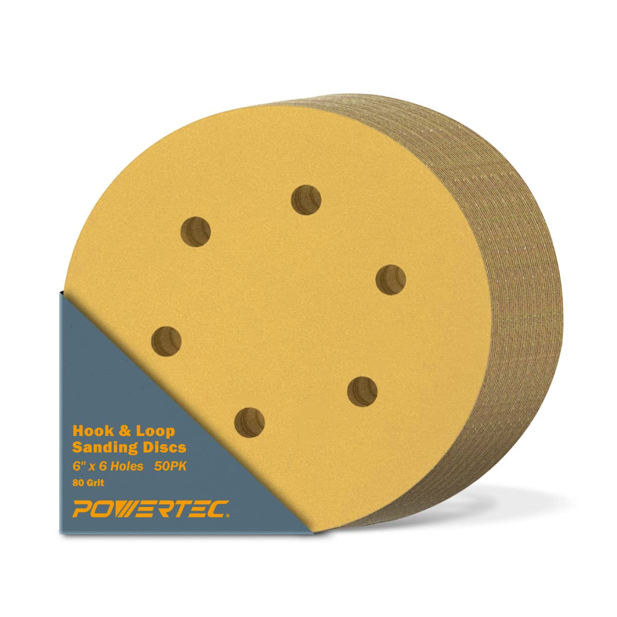 POWERTEC 45208G-50 6-Inch 6 Hole 80 Grit Hook and Loop Sanding Discs, Gold, 50-Pack