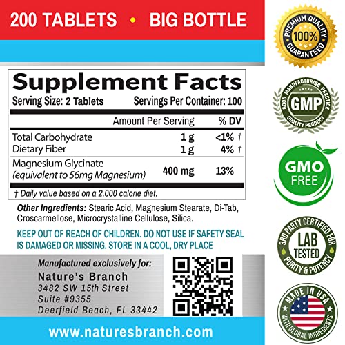 Magnesium Glycinate 400 mg 200 Tablets High Absorption, Non
