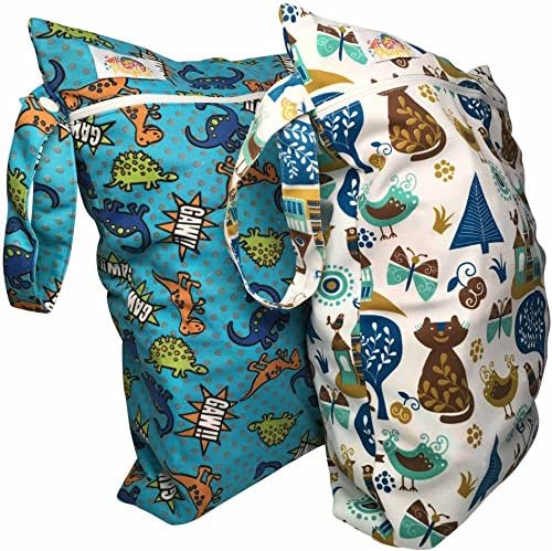 Happy Playful 2 Cloth Diaper Wet Bag Boys Best for On the Go Bag. Zippered, Waterproof, Reuseable, Machine Washable, Great for Travel. Can be Used as Dry Bag as Well.