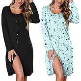 Marvmys Nightgowns for Women Long Sleeve Sleep Shirt Button Down Maternity Nursing Dress Black & Blue Star Print 3XL