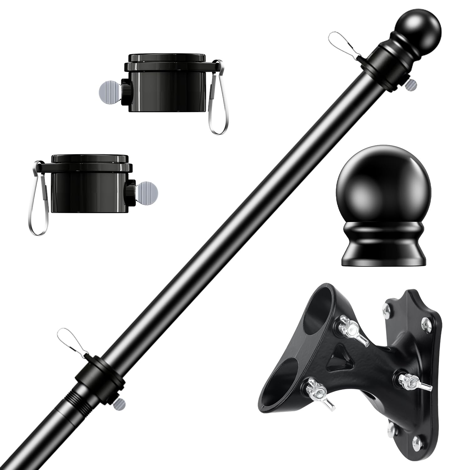 Photo 1 of PHITRIC Flag Pole Kit, Tangle Free Spinning Stainless Steel Rustproof Flagpole for 3x5 Sports Fan Outdoor Flags for Outside House (Black, 5FT, with Bracket)