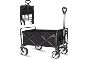 IHOMEY Collapsible Folding Outdoor Utility Wagon, Beach Wagon Cart with All Terrain Wheels & Drink Holders, Portable Sports Wagon for Camping, Shopping, Garden and Beach (Black/1 Year Warrant)