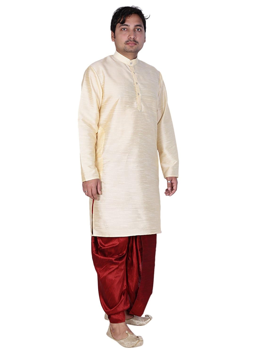 modern garments men's beige dupion silk kurta & red dhoti