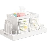 Busidhji Diaper Caddy Organizer, Changing Table Organizer, Wooden Diaper Organizer for Nursery, Baby Diaper Storage Organizer with Removable Dividers (White, Rectangular Size)