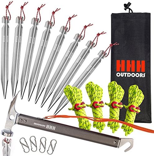 Heavy Duty strong Aluminium pegs X8 stakes 10.5” long &amp; lightweight set, with Camping &amp; Hiking Hammer, Reflective Guyline, Tensioners, S- shape Carabiners to Secure your Tent or Tarp rings Kit.