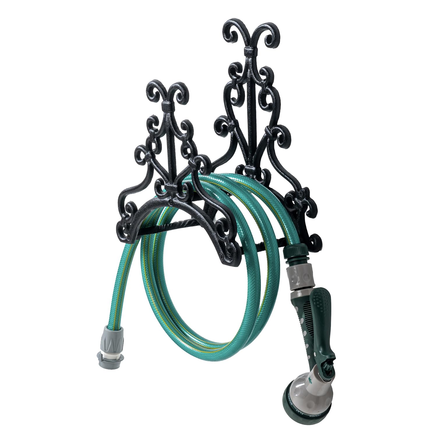 Photo 1 of MyGift Wall Mounted Garden Hose Holder, Vintage Baroque Scrollwork Cast Iron Watering Tube Rack, Decorative Floral Pattern Hanging Hook Water Hosepipe Reel